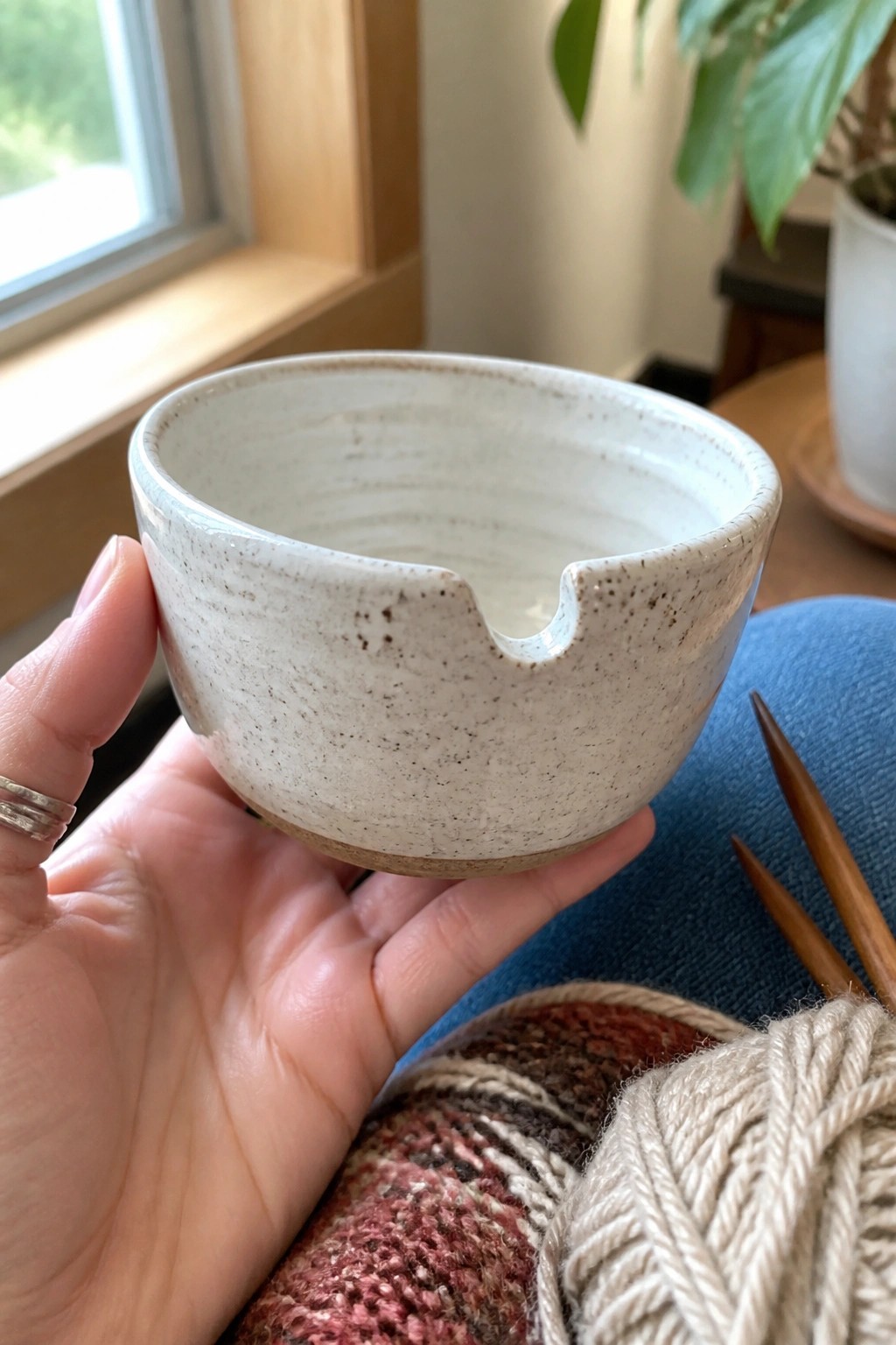 Hand holding speckled ceramic yarn bowl near knitting needles and striped fabric.