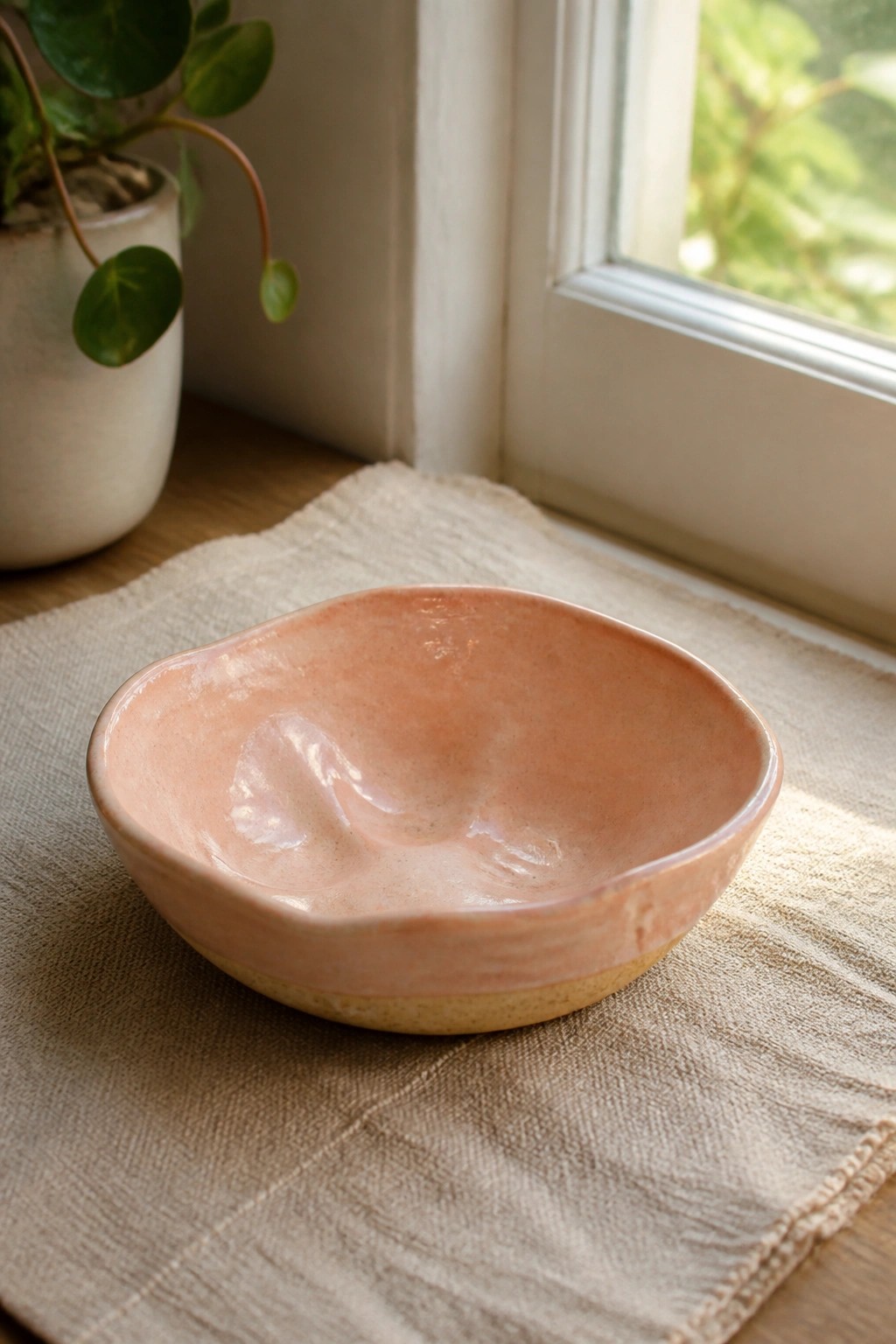 Pink ceramic bowl on beige linen by window with potted plant