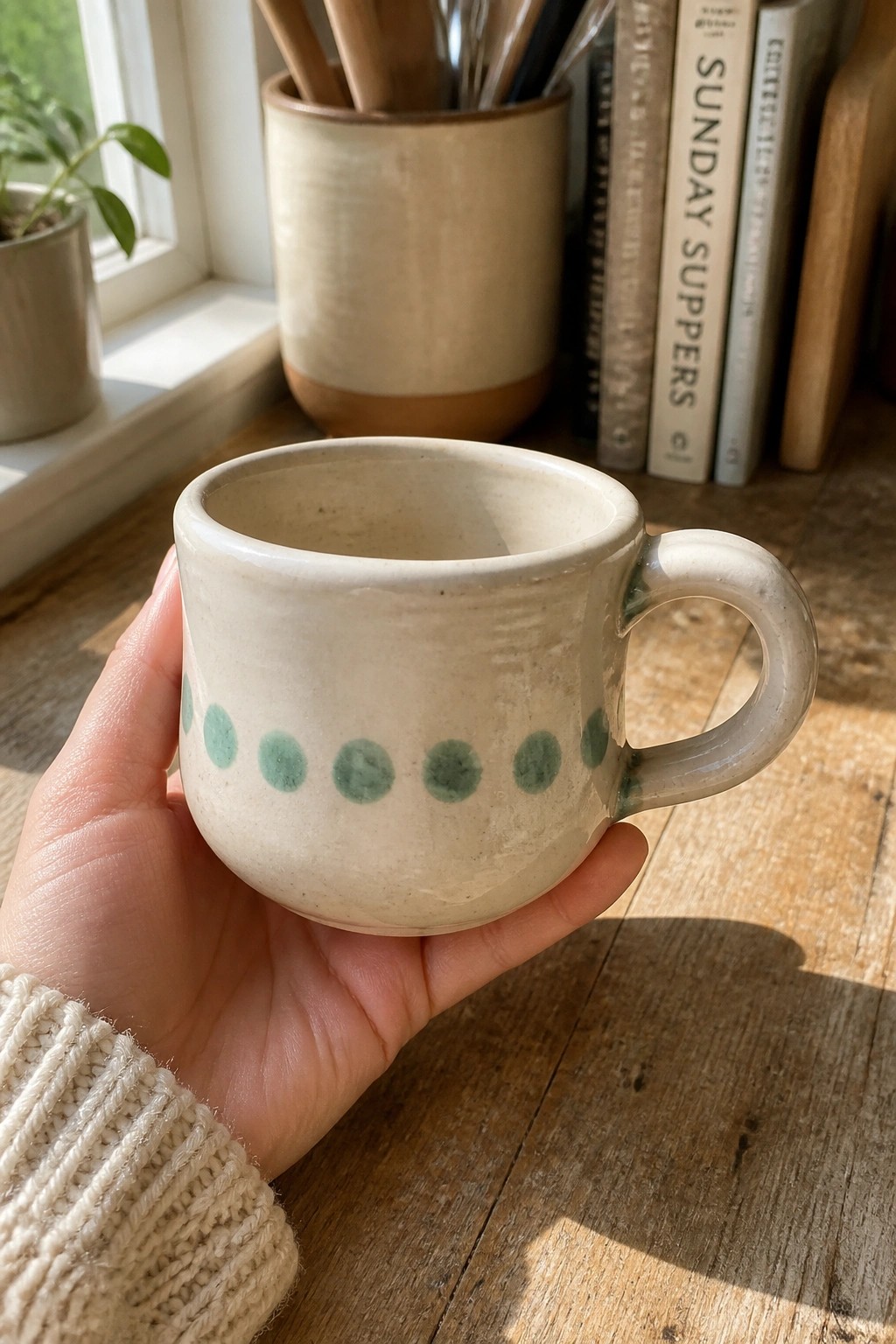Hand in cream knit sweater holding off-white ceramic mug with green dots
