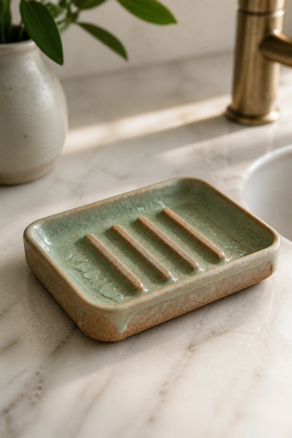 Green ceramic soap dish with ridges and water drops on marble counter.