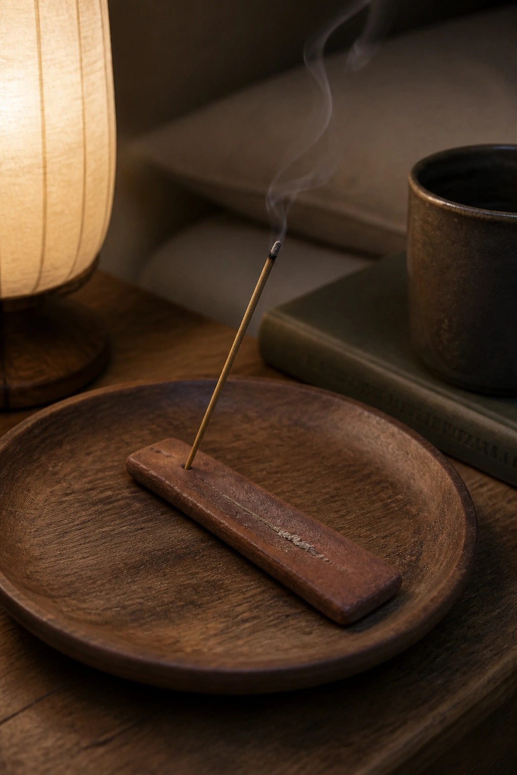 Burning incense stick in wooden holder on tray beside glowing lamp and cup