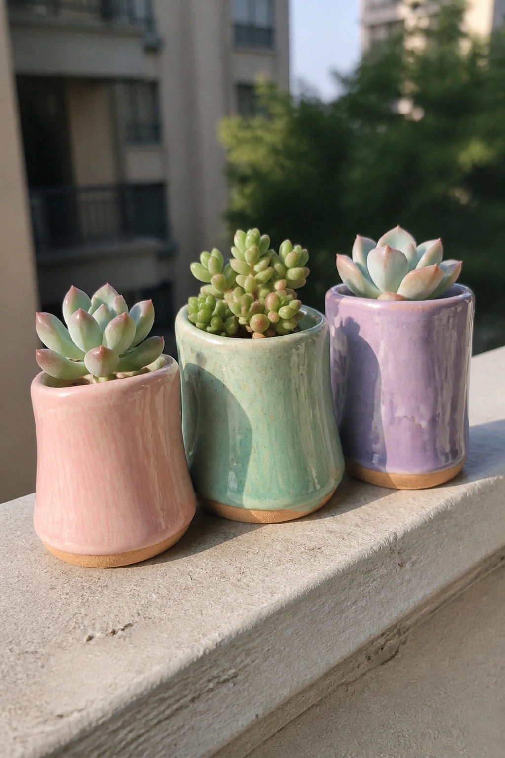 Three succulents in pink, green, and purple ceramic pots on a concrete ledge