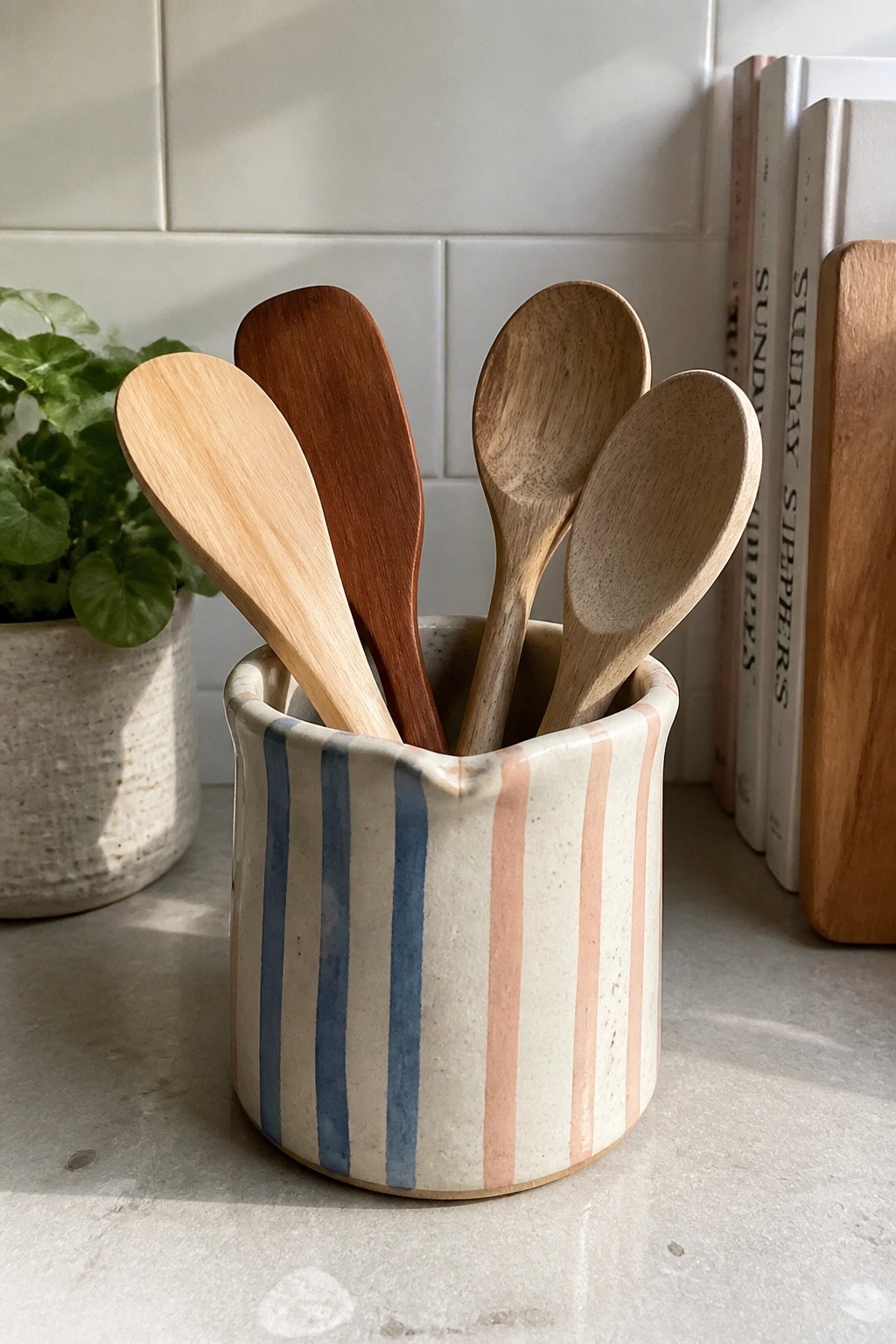 Striped ceramic holder with assorted wooden spoons on kitchen counter