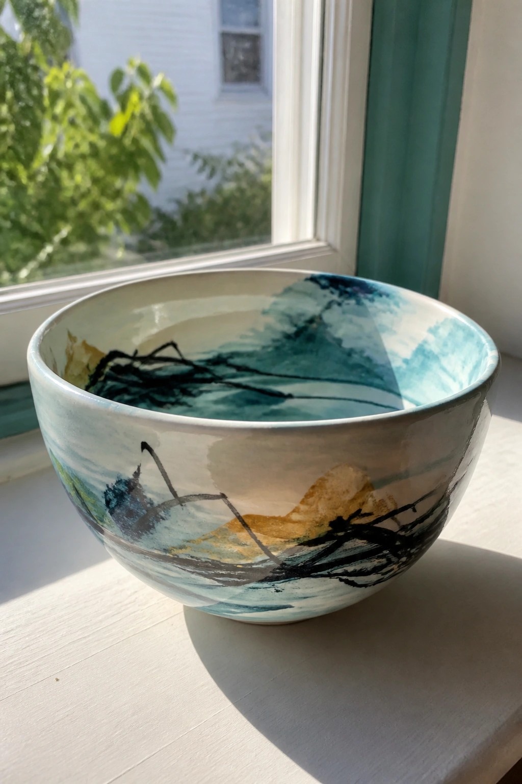 A round ceramic bowl with abstract blue, teal, black, and ochre brushwork rests on a white windowsill.