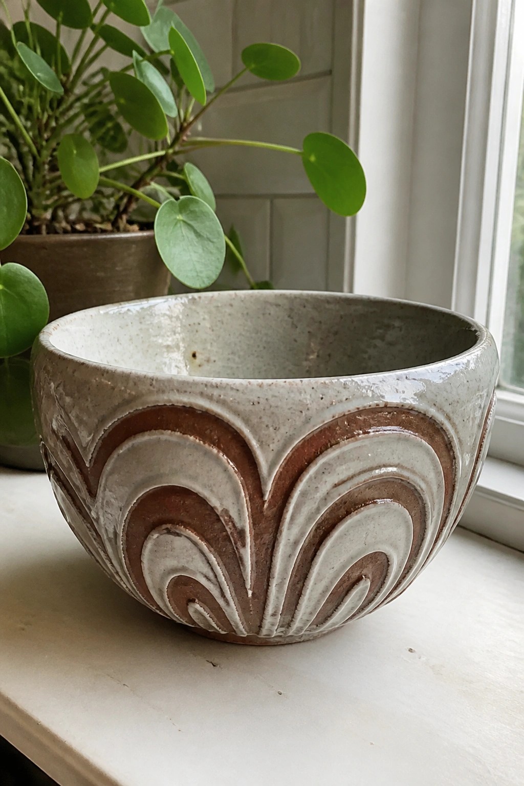 Ceramic bowl with swirling brown and white patterns on windowsill beside plant.