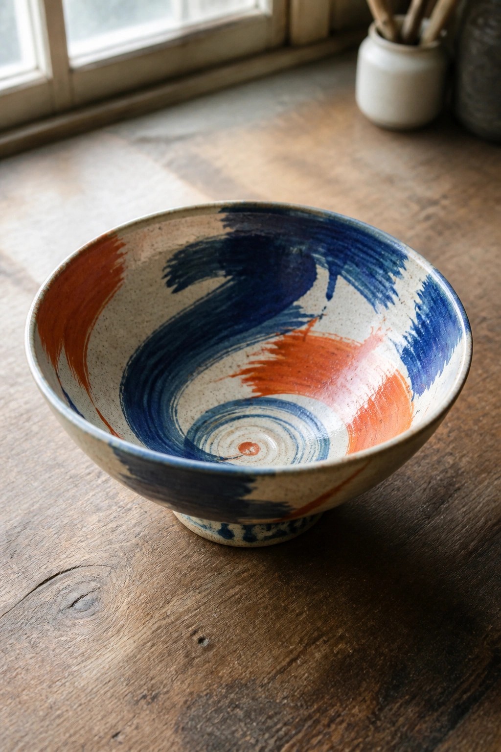 Hand-painted ceramic bowl with blue and orange swirls on wooden table