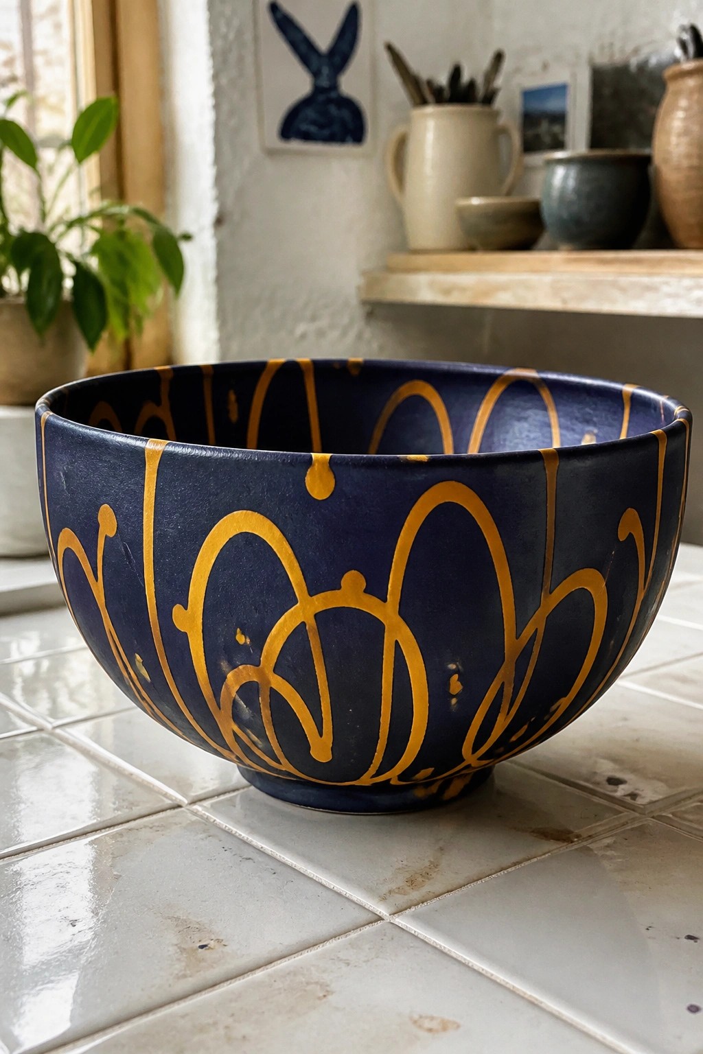 Navy blue ceramic bowl with swirling yellow patterns on white tiles