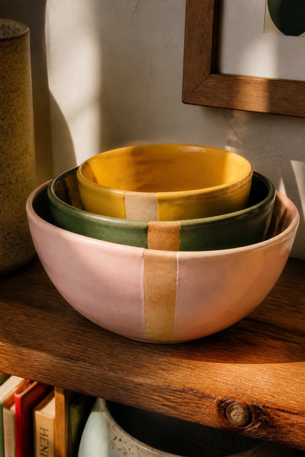 Nested pink, green, and yellow ceramic bowls on wooden shelf in sunlight.