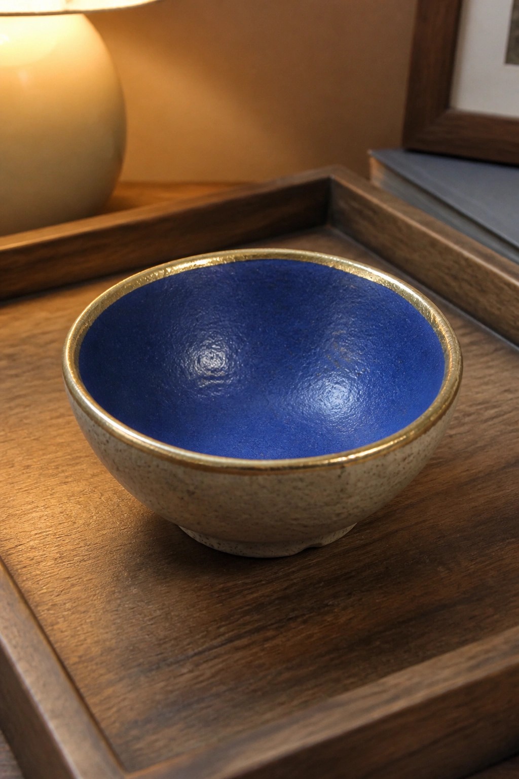 Blue ceramic bowl with gold rim on dark wooden tray