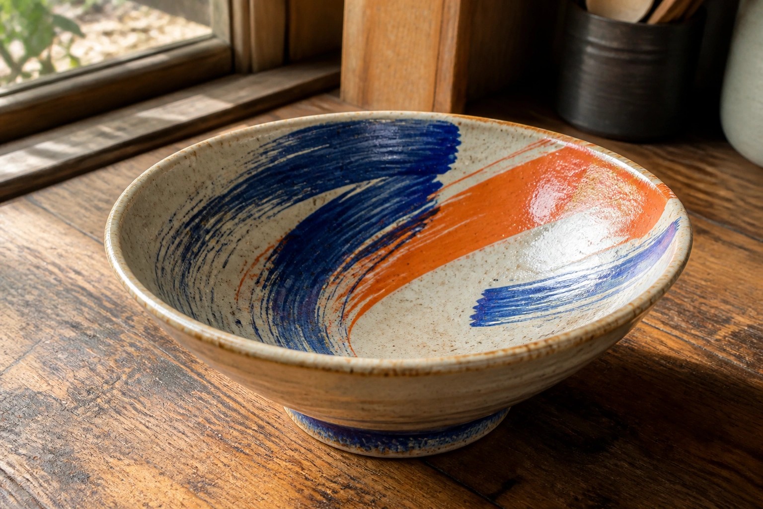 Hand-painted ceramic bowl with blue and orange swirls on wooden table