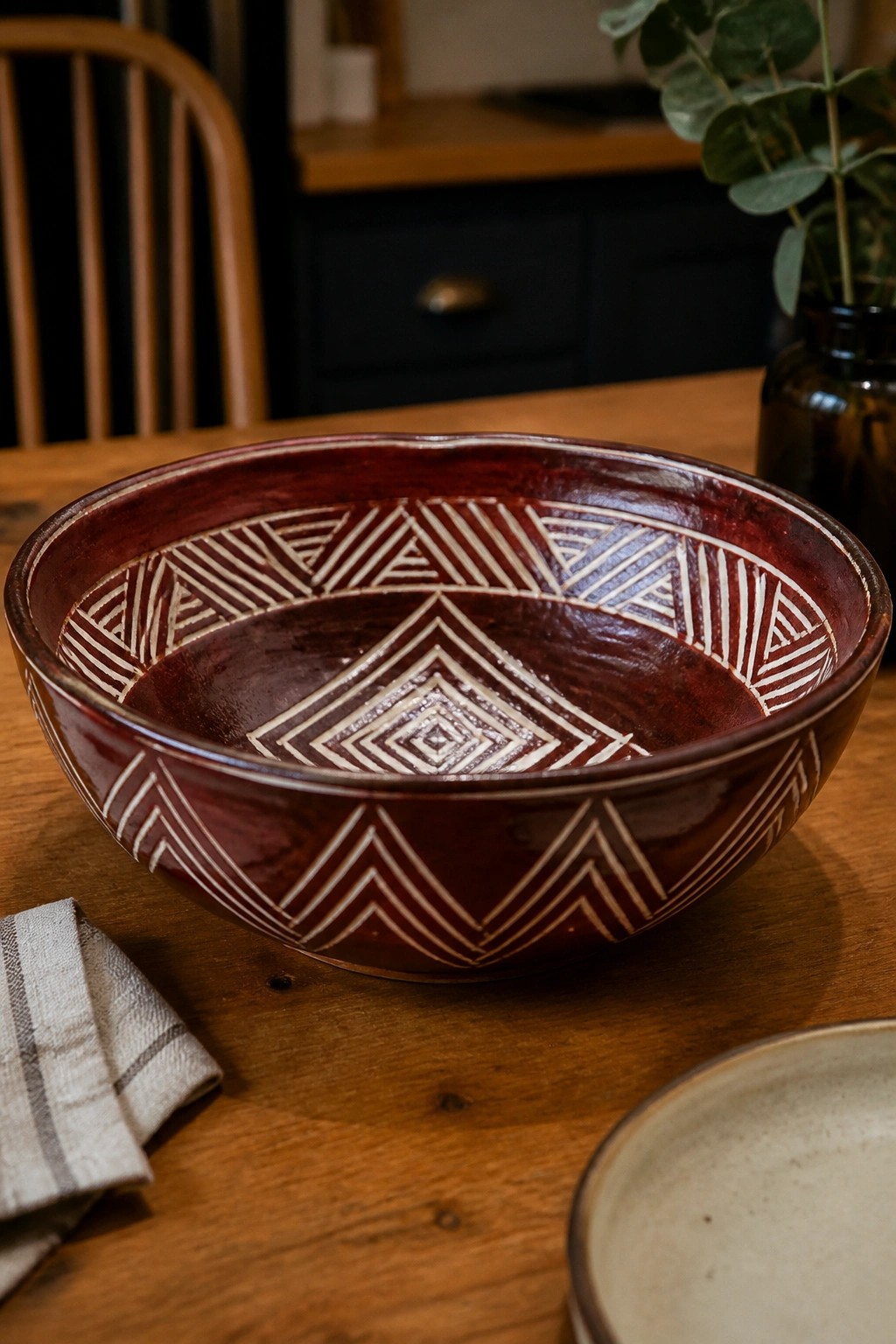 Red ceramic bowl with white geometric patterns on wooden table beside napkin