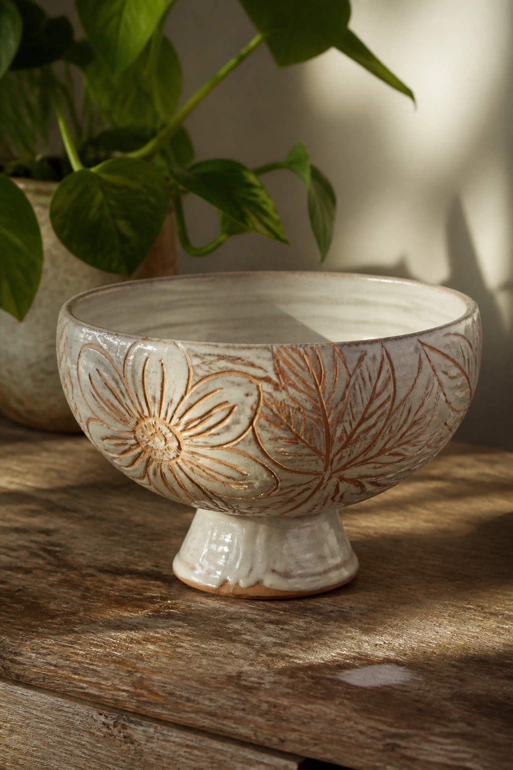 Cream ceramic pedestal bowl with embossed copper flowers and leaves on wood
