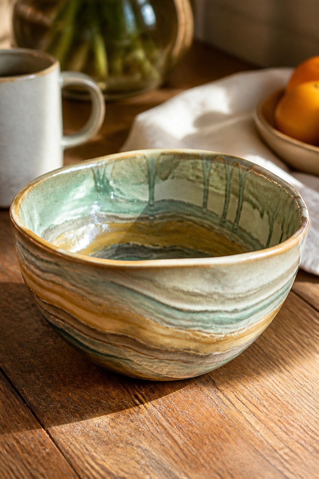 Marbled ceramic bowl with swirling green, yellow, and brown glazes on wooden table