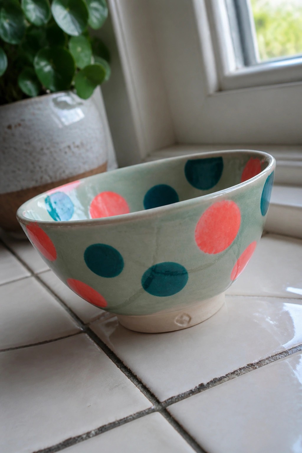 Ceramic bowl with red and teal polka dots on a white tiled windowsill