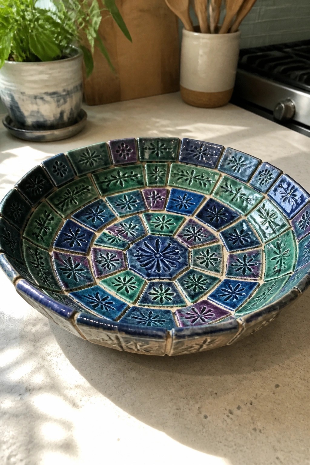 Colorful mosaic ceramic bowl with star-patterned blue green and purple tiles on counter