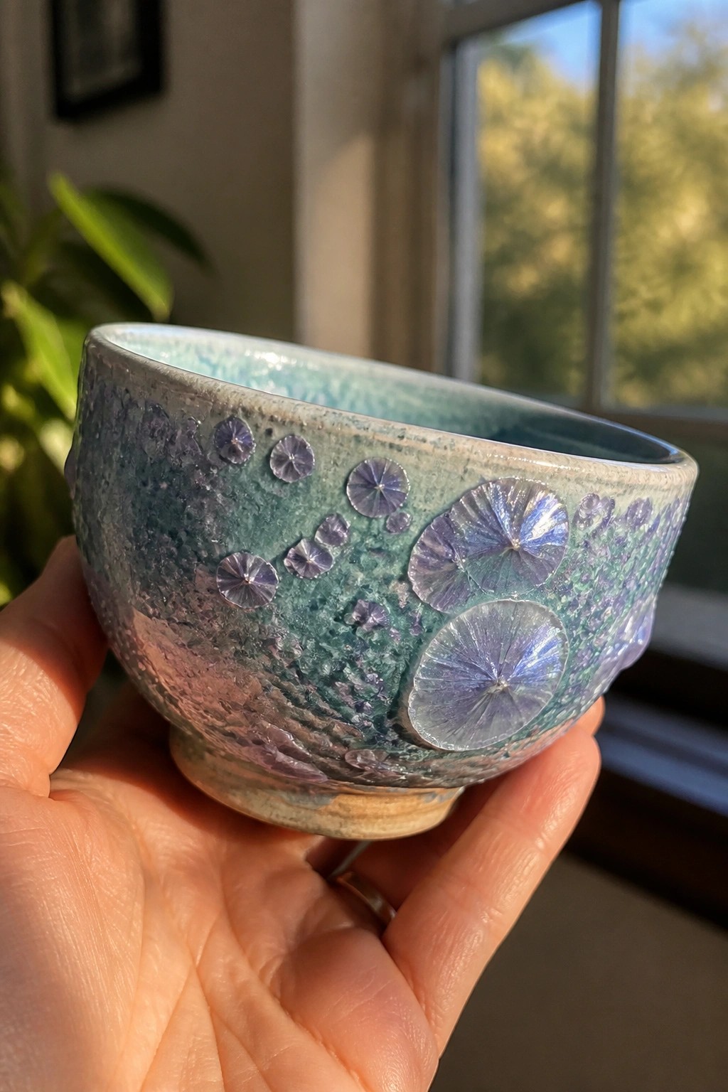 Hand holding a textured ceramic bowl with iridescent purple and blue circular patterns.