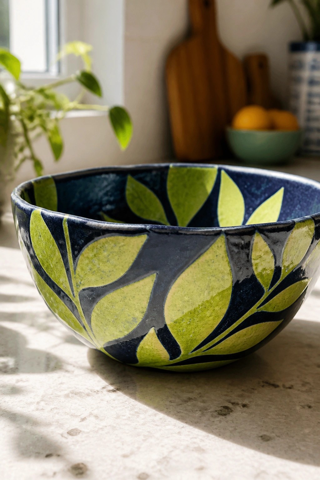 Colorful ceramic bowl with green leaf patterns on sunlit marble countertop