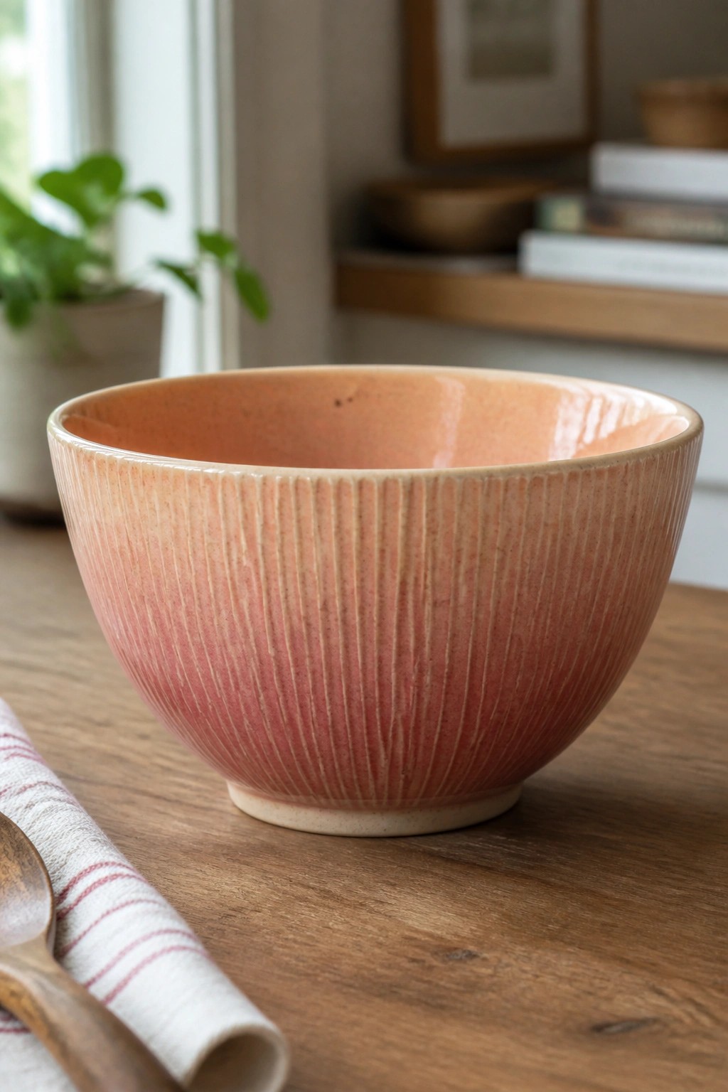 Ribbed pink ceramic bowl on wooden table with striped napkin and spoon.
