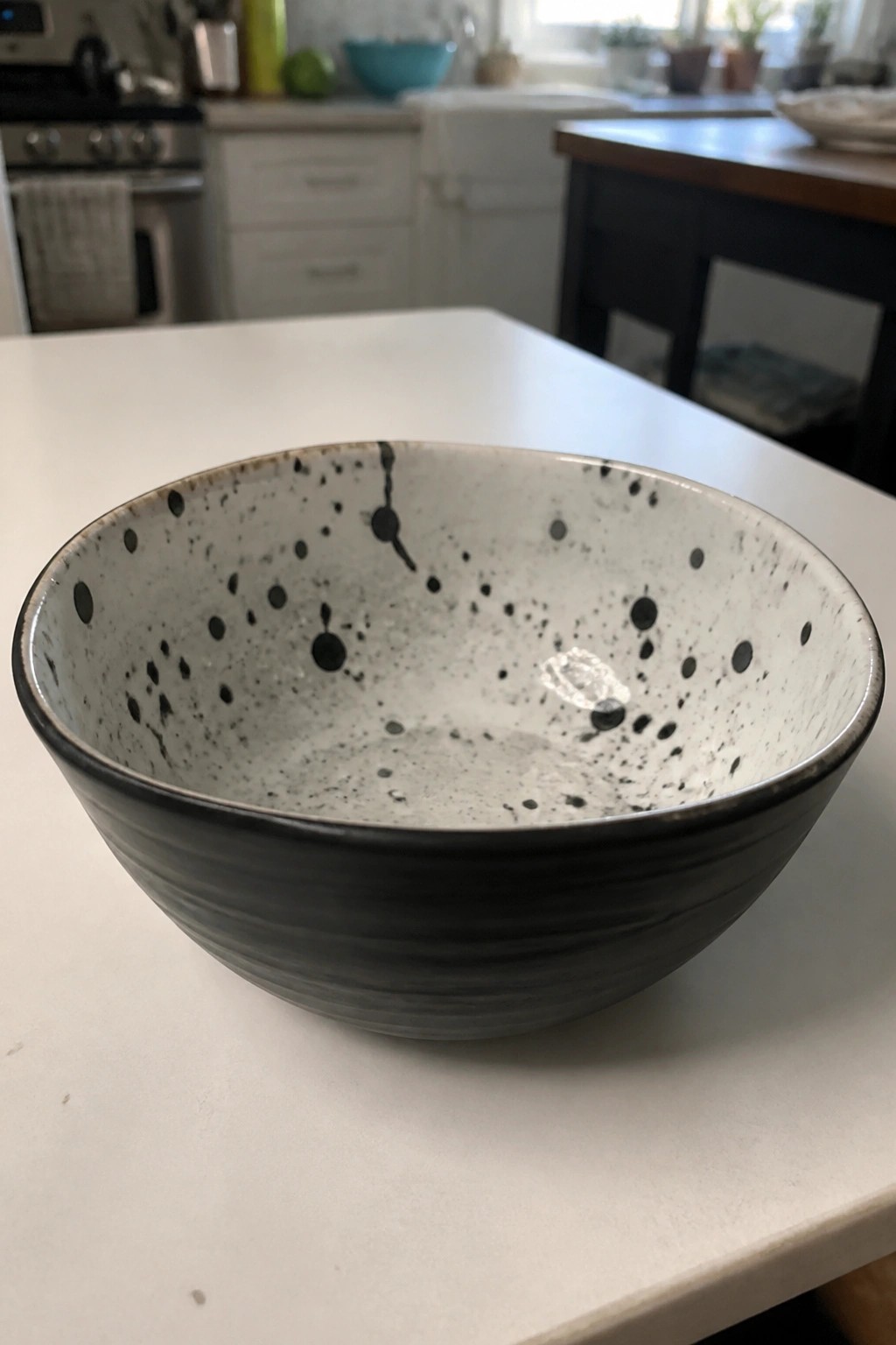 Speckled black and white ceramic bowl on white kitchen countertop