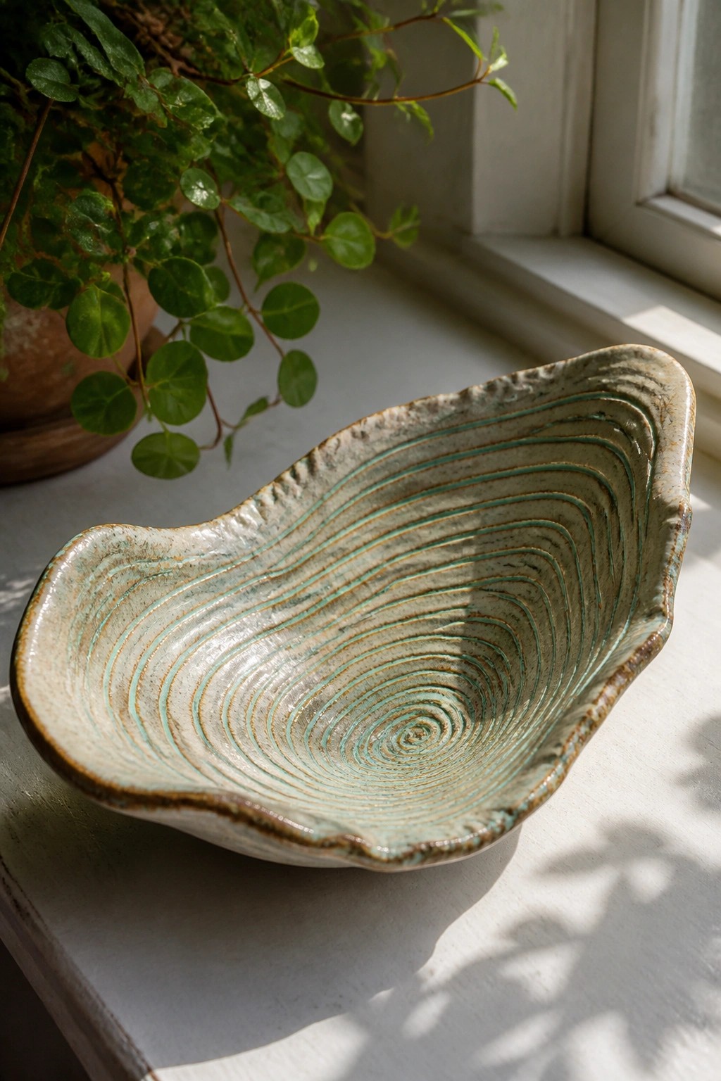 Organic ceramic bowl with turquoise spiral glaze on sunlit windowsill near plant.