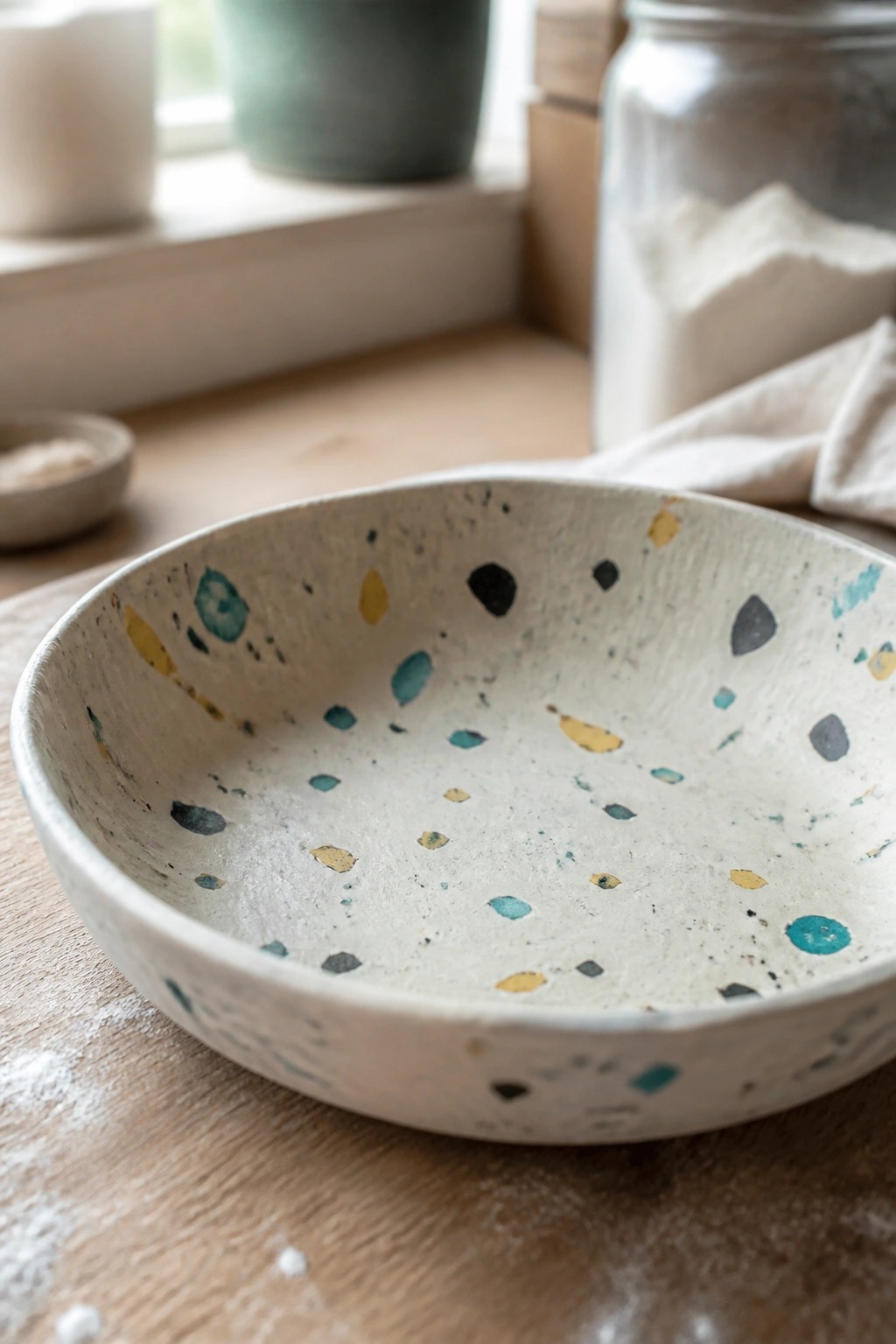 Speckled ceramic bowl with teal and yellow spots on floured wooden table beside flour jar
