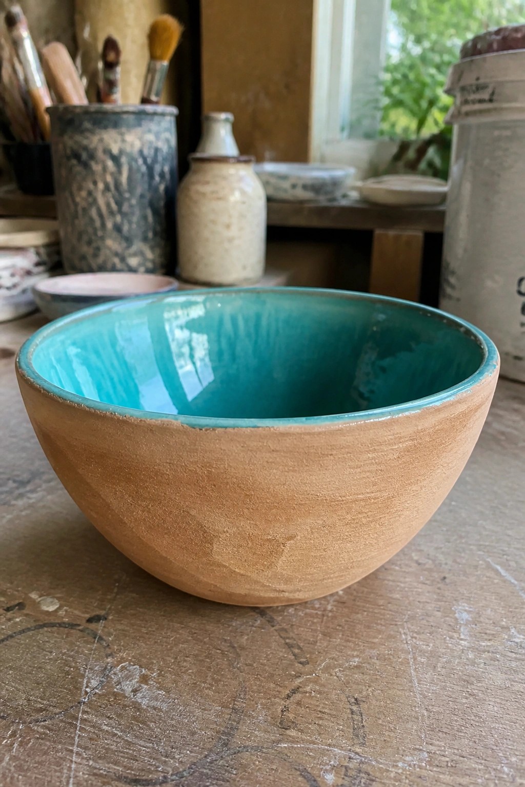 Turquoise glazed ceramic bowl with rough brown exterior on wooden workbench