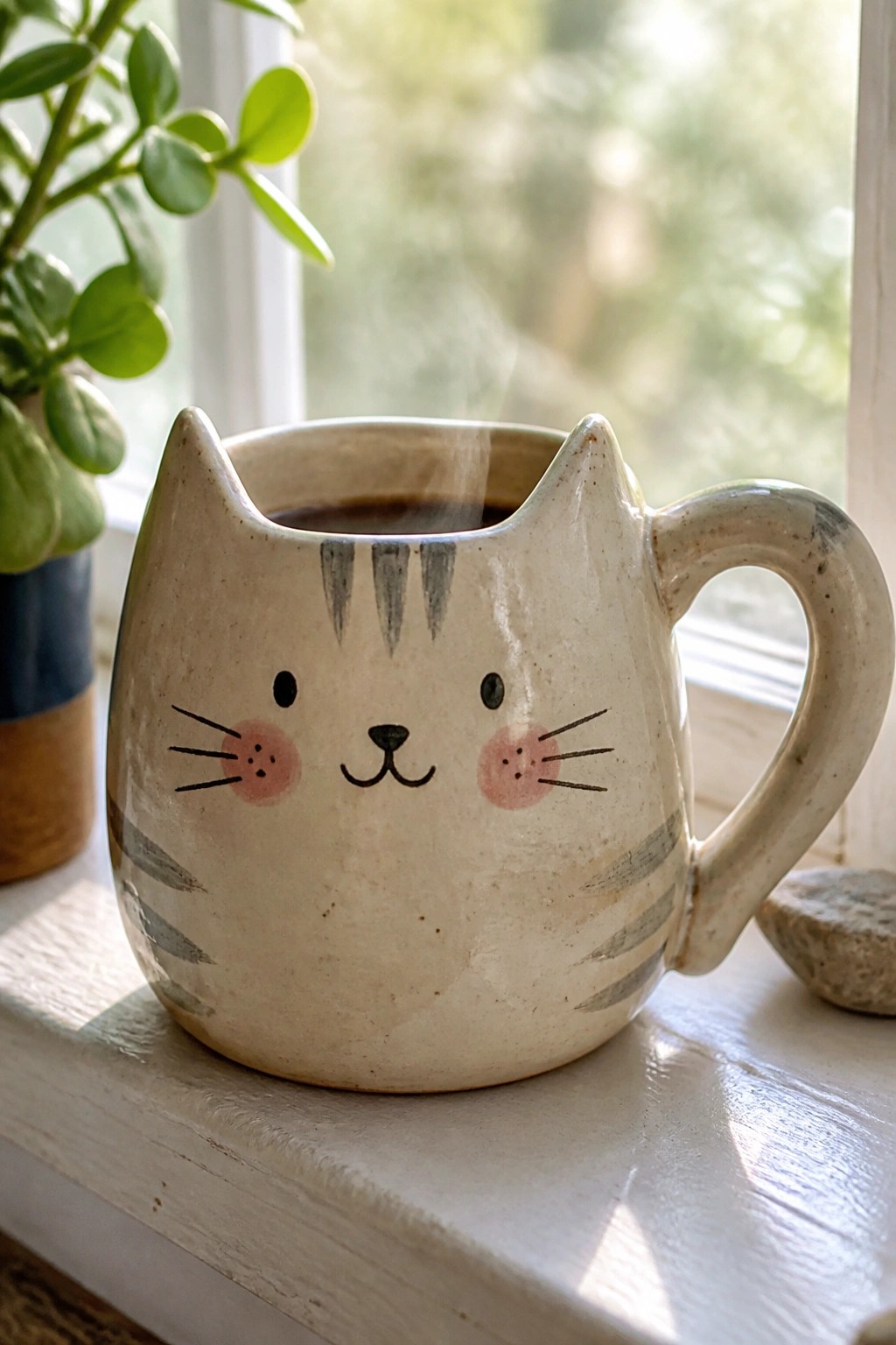 Cat-shaped ceramic mug with pink cheeks and stripes, steam rising on windowsill.