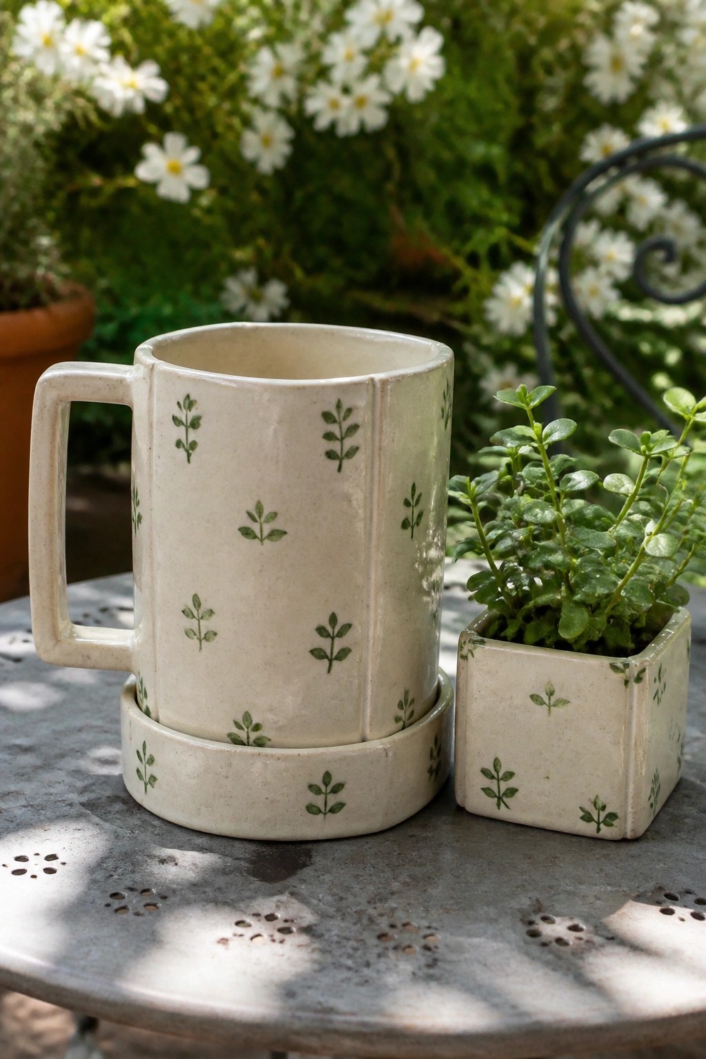 Cream ceramic mug with green leaves on saucer beside small potted plant on table