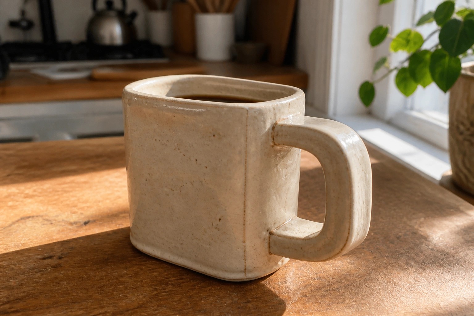 Beige speckled ceramic mug filled with coffee on sunlit wooden table.