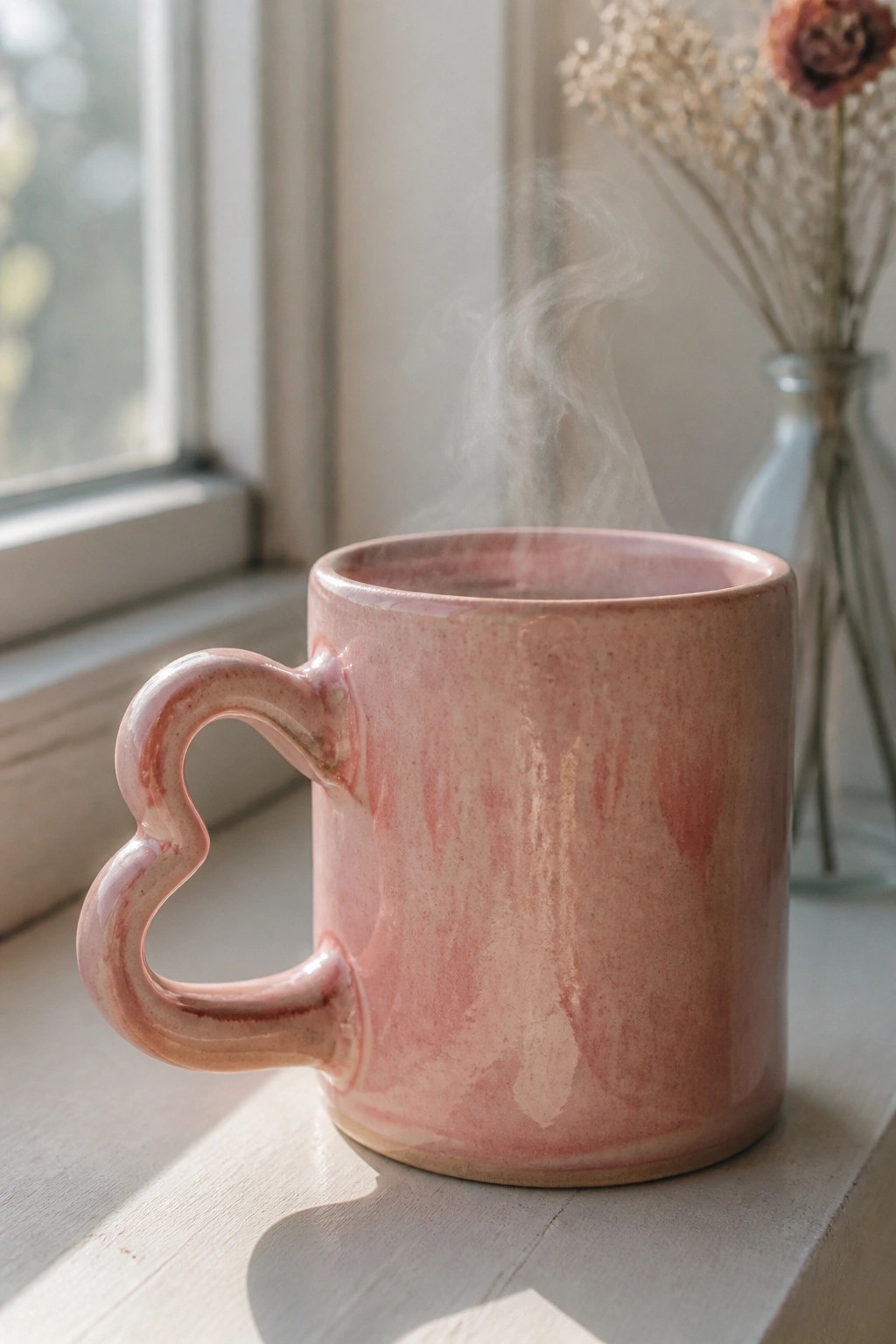 Pink ceramic mug with heart-shaped handle and rising steam on sunlit windowsill beside flowers