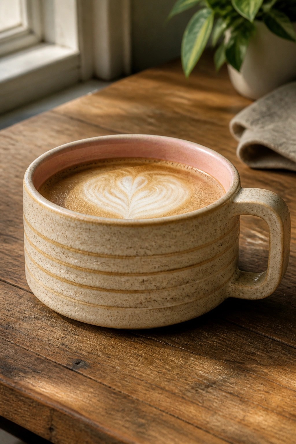 Striped ceramic mug with pink rim holding heart-shaped latte art on wood.