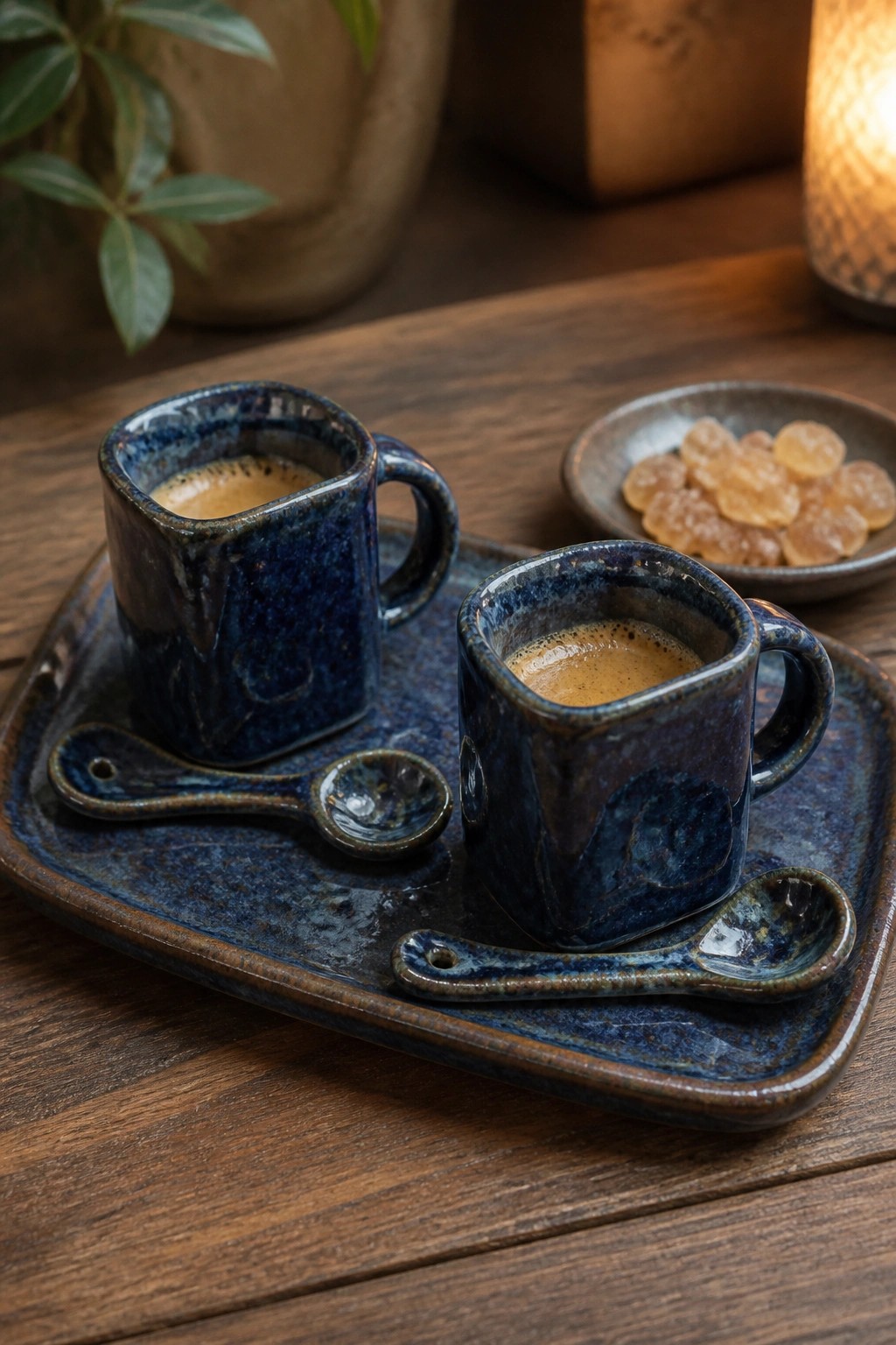 Two blue ceramic espresso cups on a tray with spoons and sugar cubes