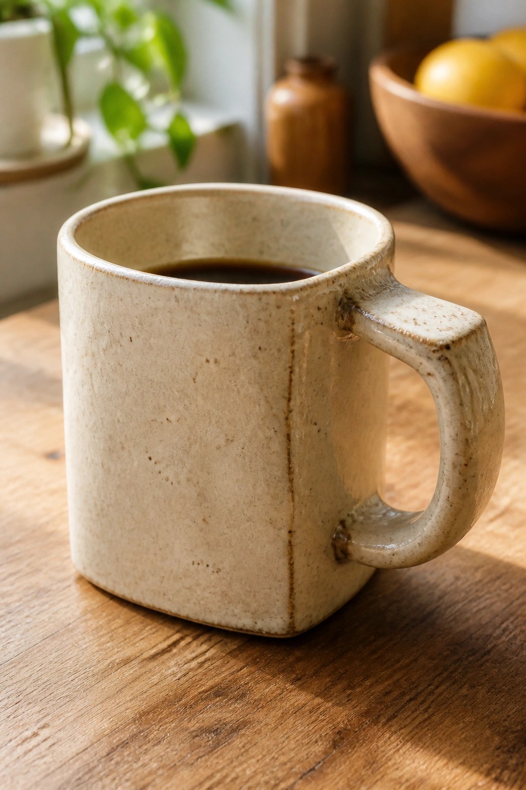 Beige speckled ceramic mug filled with coffee on sunlit wooden table.