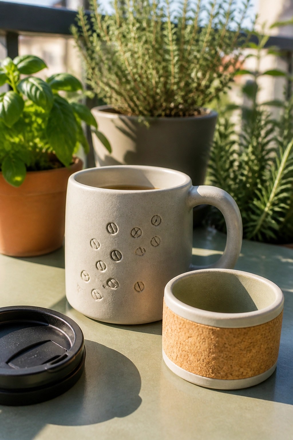 Speckled ceramic mug with bean imprints beside cork cup and black lid amid plants