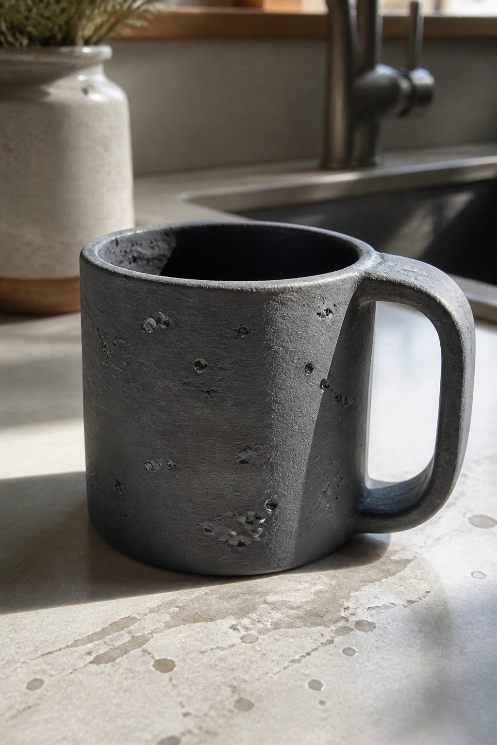A dark gray textured ceramic mug on a kitchen countertop near a sink.
