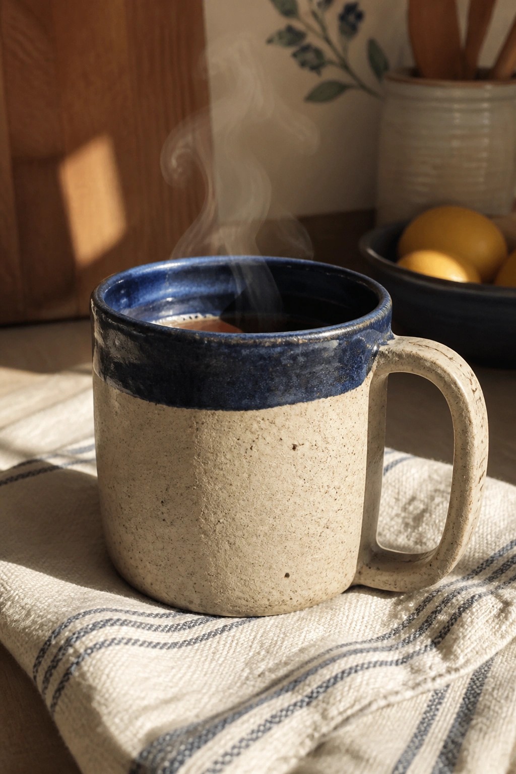 Steaming speckled mug with blue rim on striped cloth in sunlight.