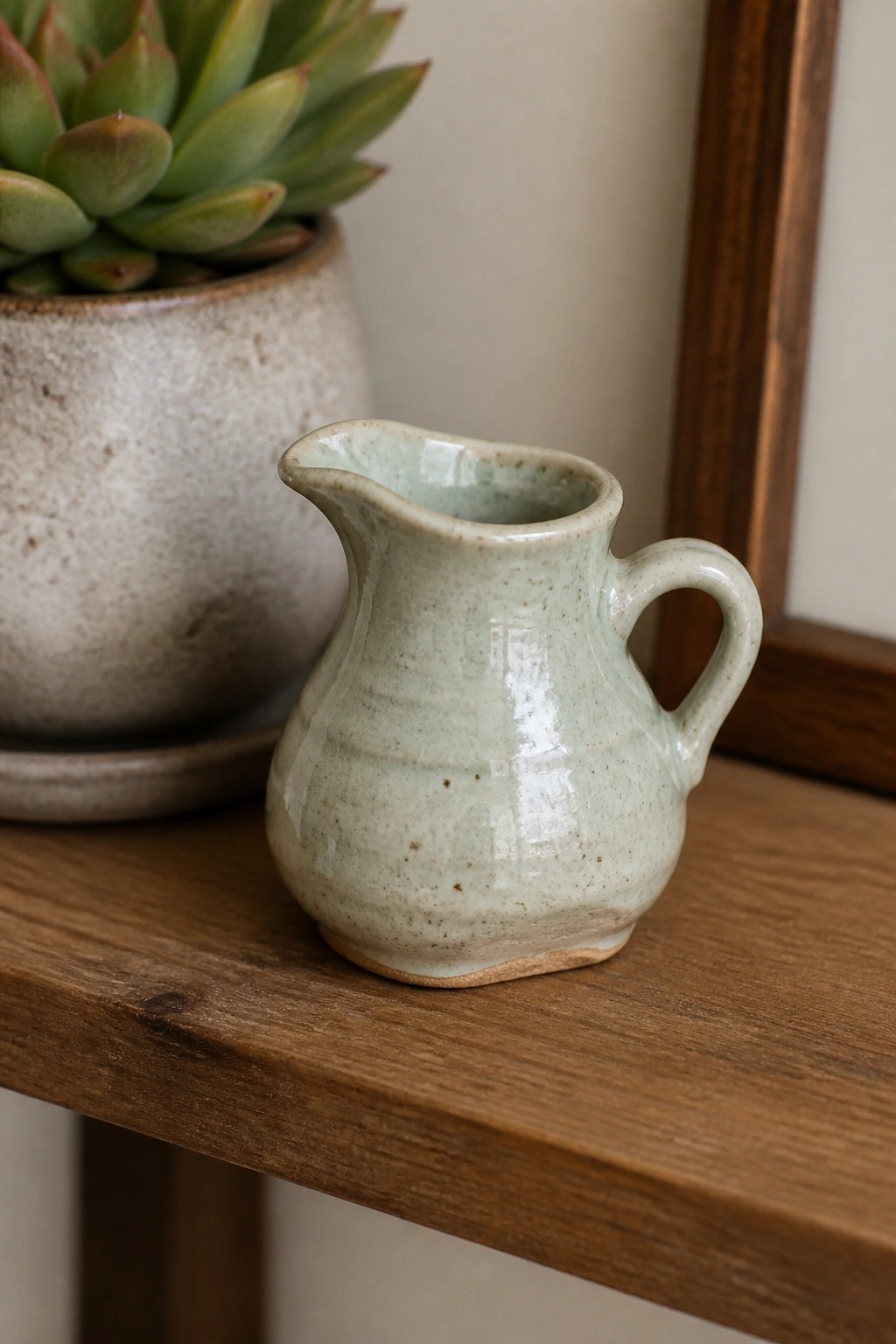 Small pale green ceramic pitcher on wooden table beside potted succulent