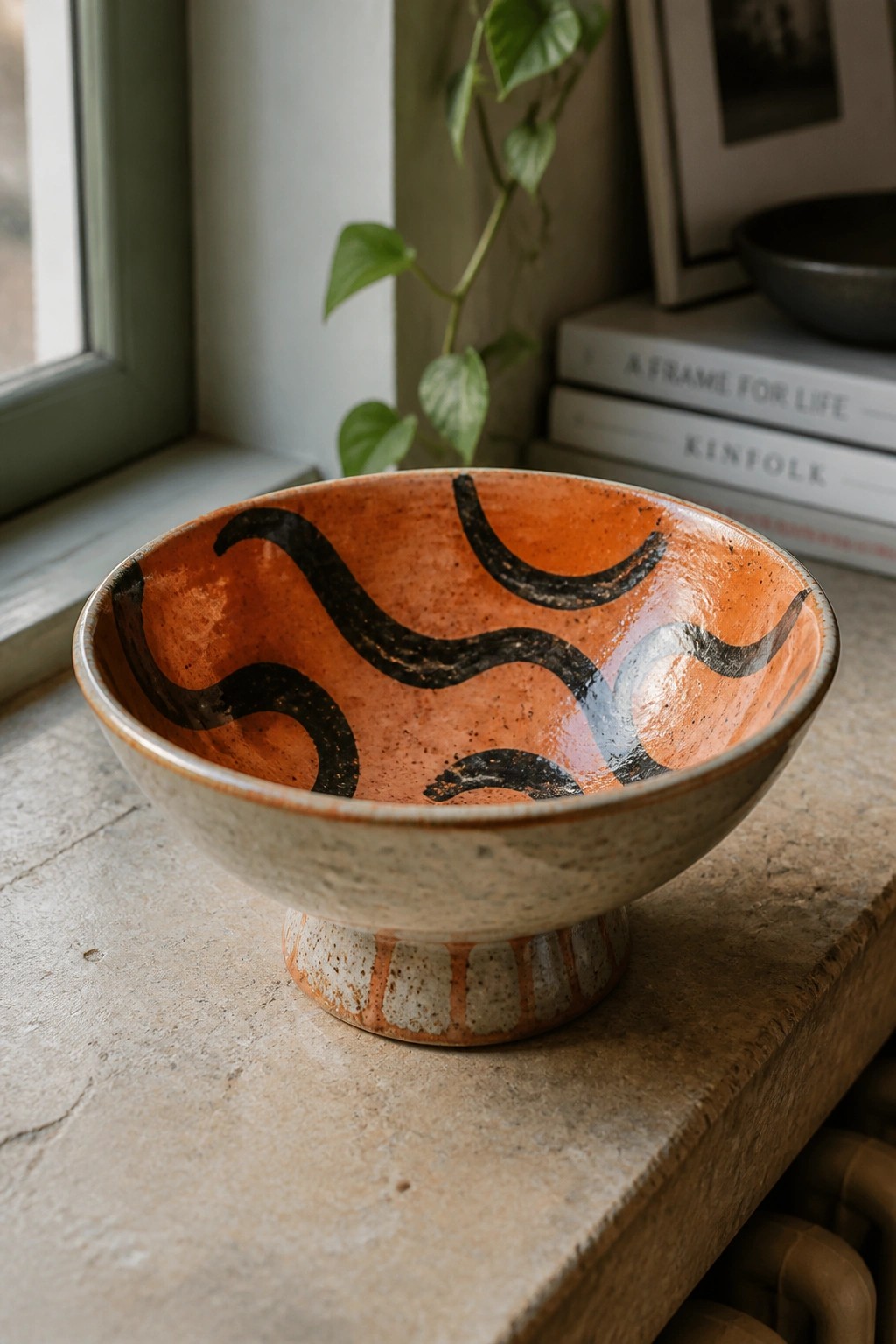 Orange ceramic bowl with black wavy patterns on a stone windowsill