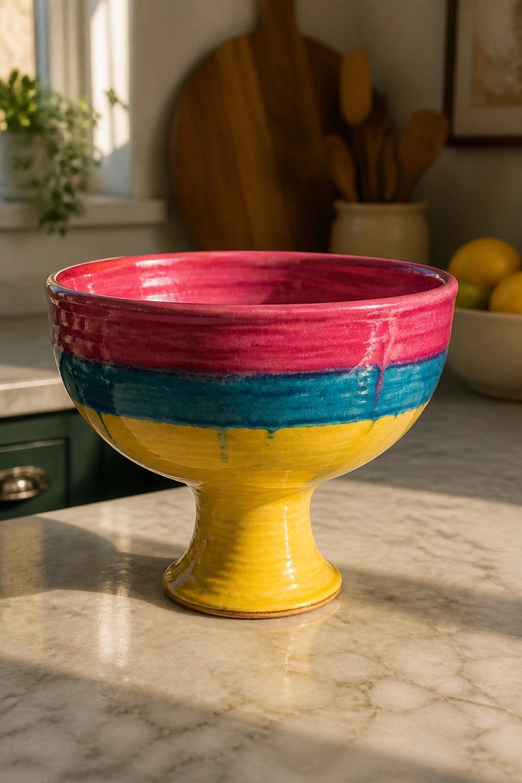 Vibrant pink blue and yellow striped ceramic pedestal bowl on marble countertop