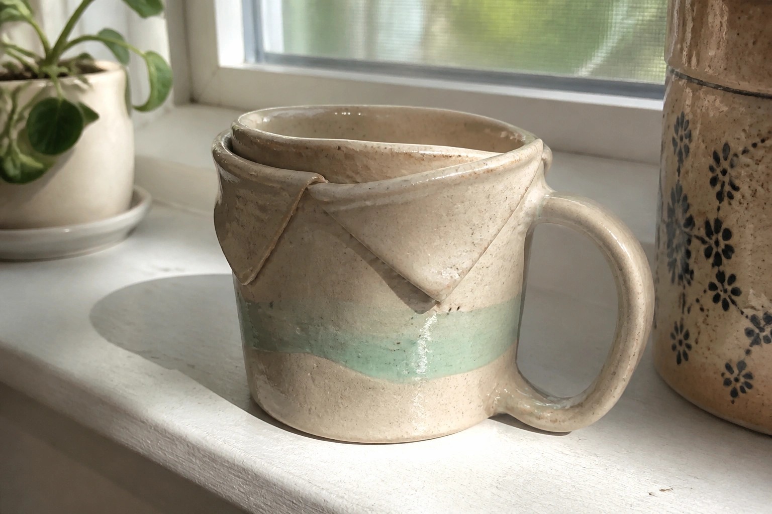 Cream ceramic mug with green stripe on sunny windowsill beside houseplants