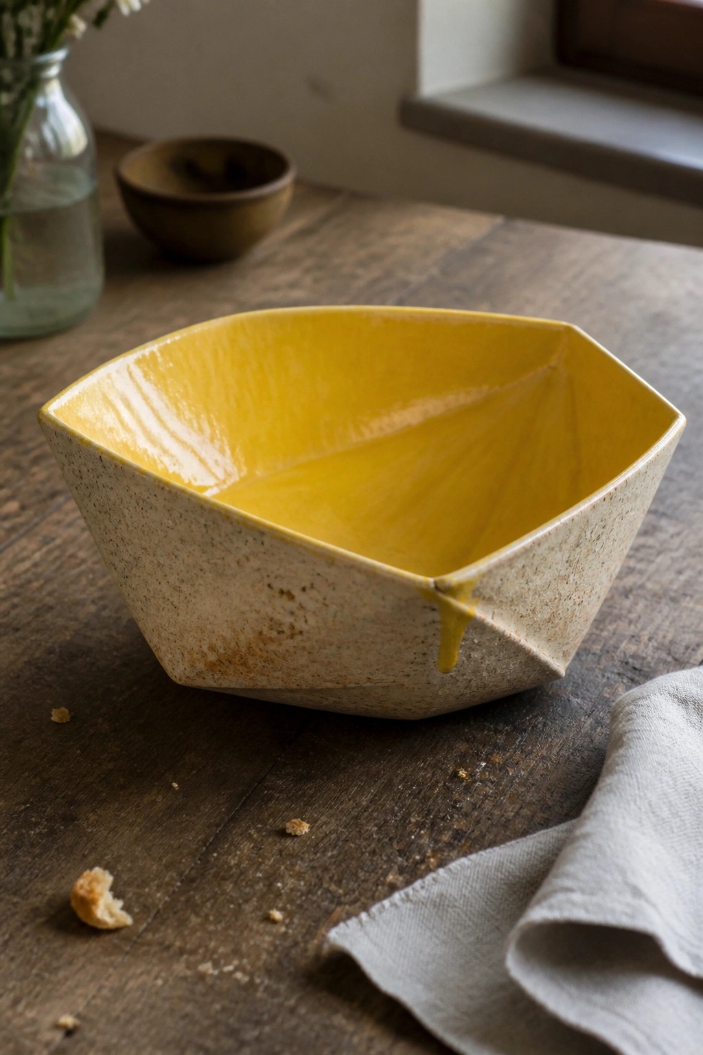 Yellow faceted bowl with glaze drip on wooden table beside linen napkin.