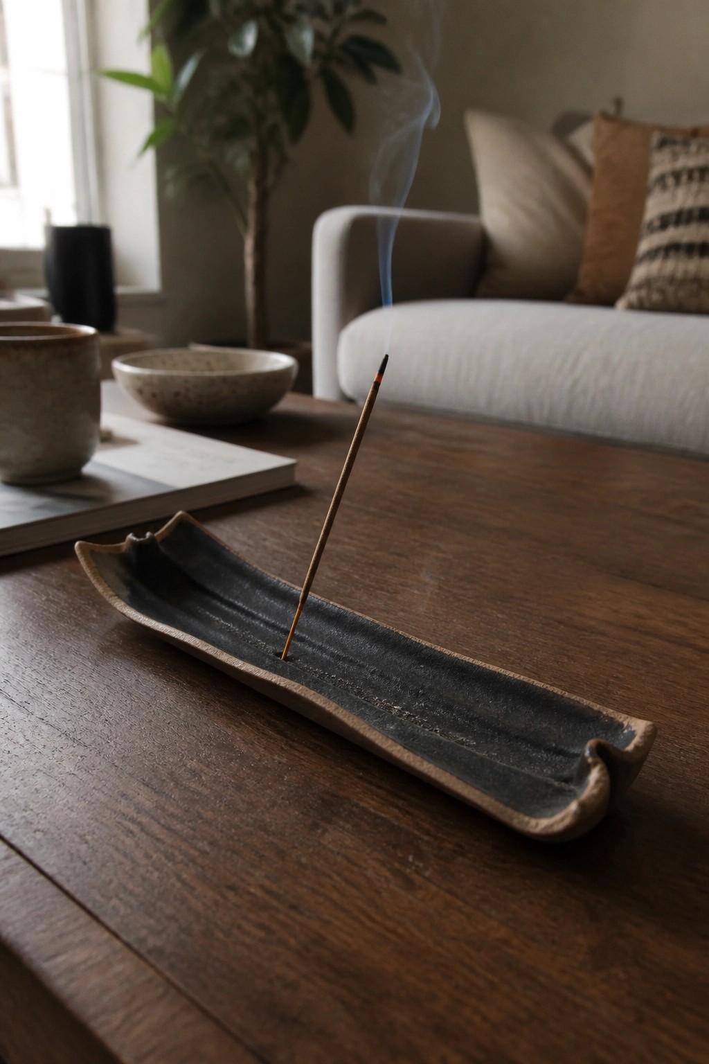 Burning incense stick with rising smoke in dark ceramic holder on wooden table