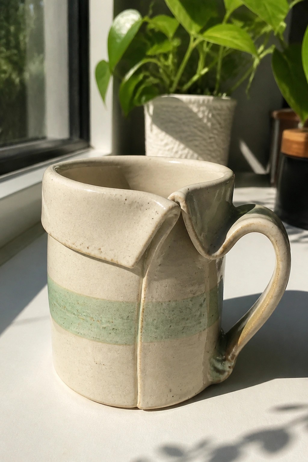 Cream ceramic mug with green stripe on sunny windowsill beside houseplants