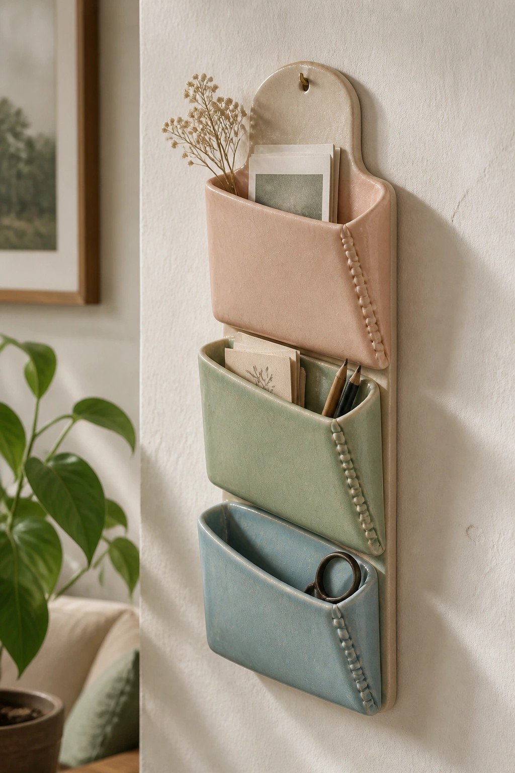 Three-tiered ceramic wall organizer in pastel pink, green, and blue holding stationery.