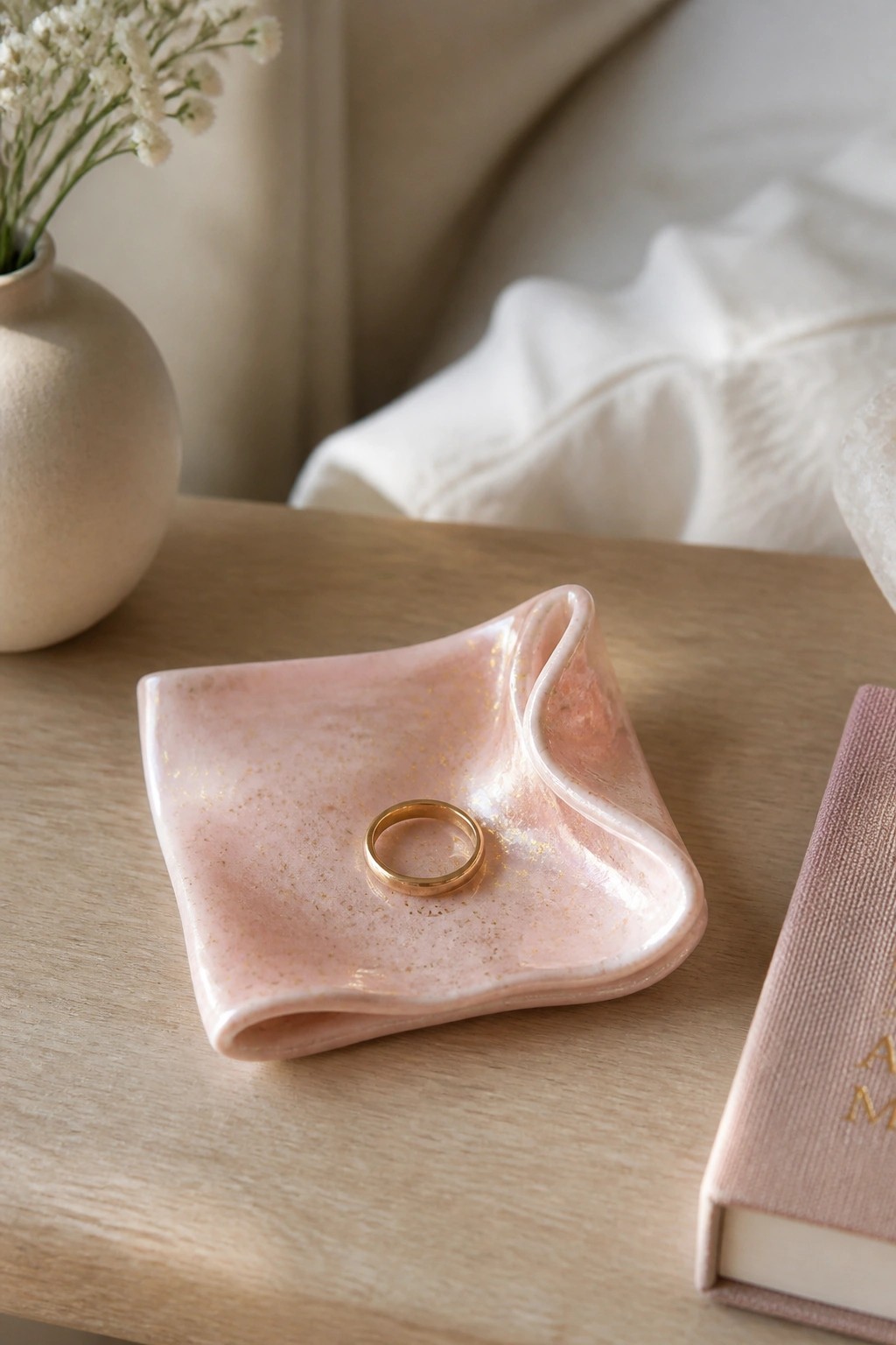 Gold ring in pink marbled ceramic dish on wooden table with book and flowers