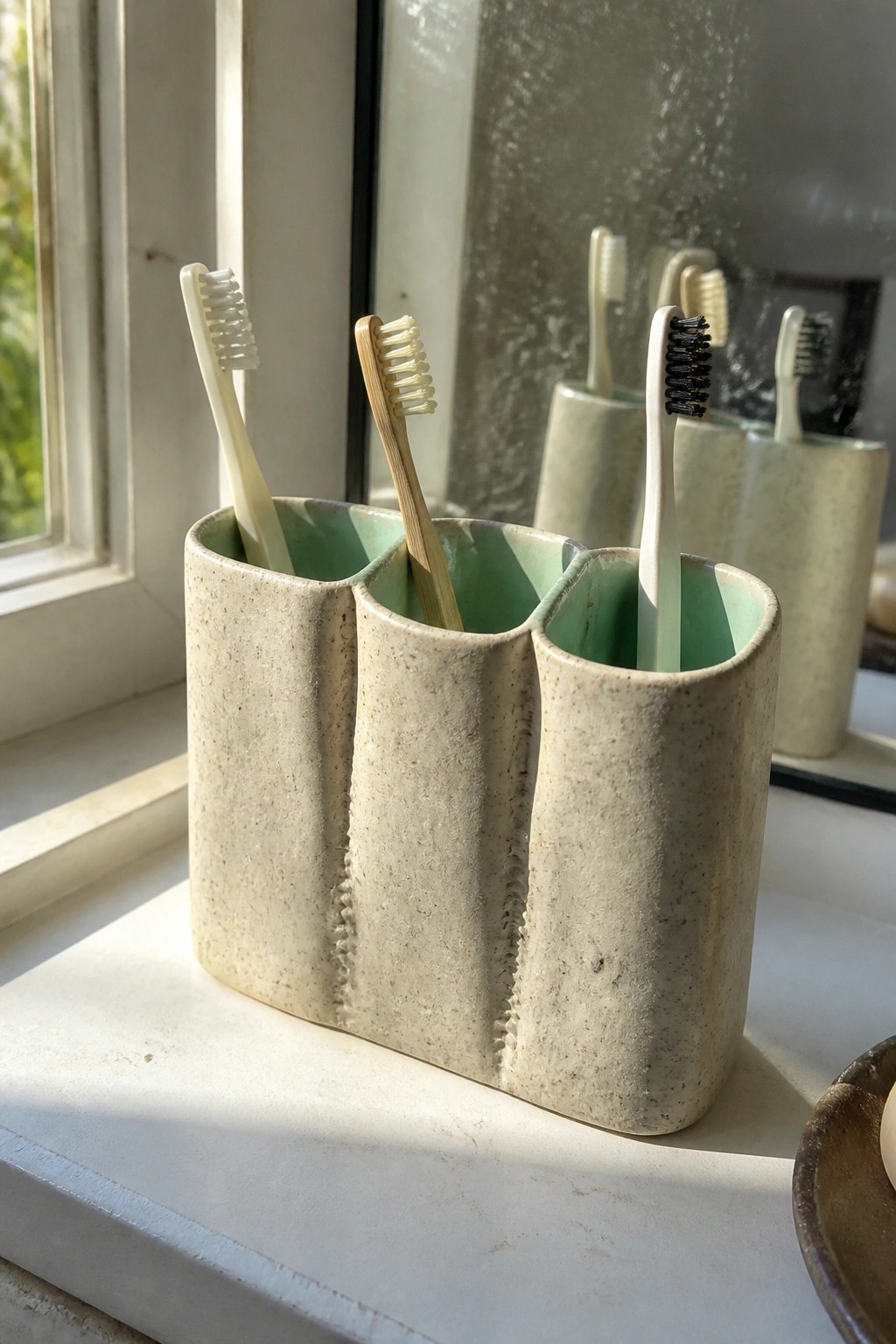 Speckled beige ceramic triple holder with three toothbrushes on a sunlit windowsill
