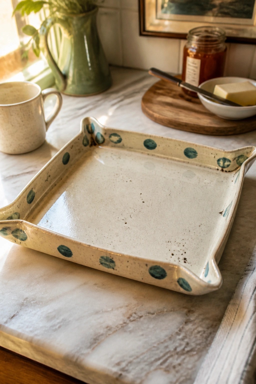Rectangular speckled ceramic tray with teal polka dots on marble countertop