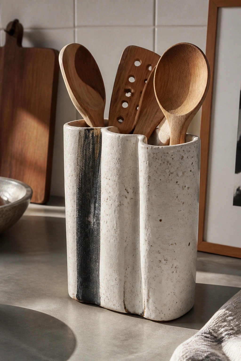 White speckled ceramic holder with black stripe holding wooden kitchen utensils