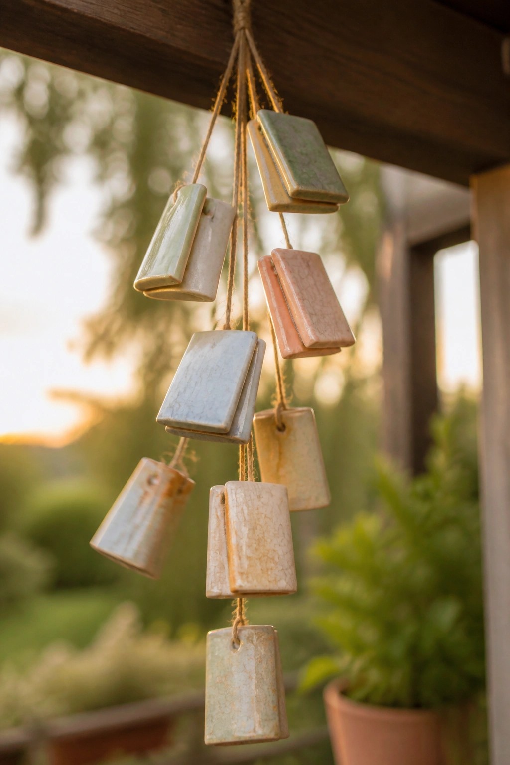 Pastel ceramic chimes with crackled glazes hanging from wooden beam outdoors