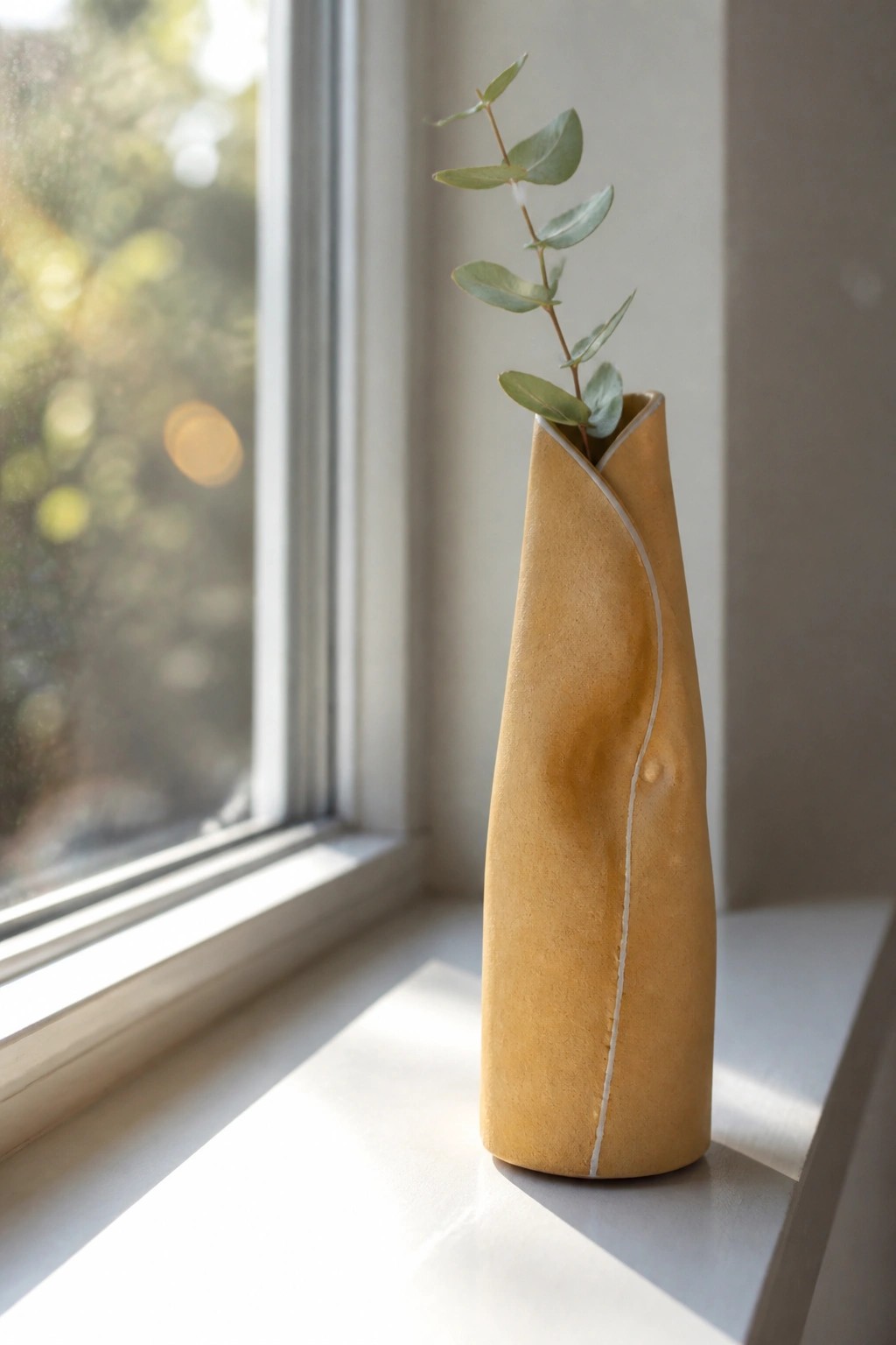 Yellow ceramic vase with white seam holding eucalyptus on sunlit windowsill